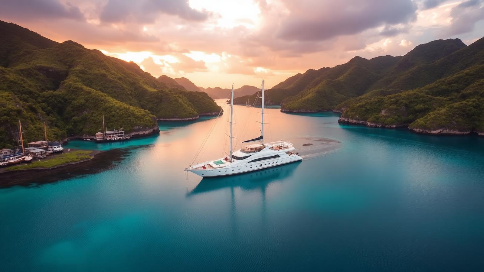 The 10 Best Anchorages in Komodo National Park (Sailor-Verified Guide) Aerial view of a luxury phinisi yacht anchored in a calm turquoise bay surrounded by green Komodo hills at golden hour