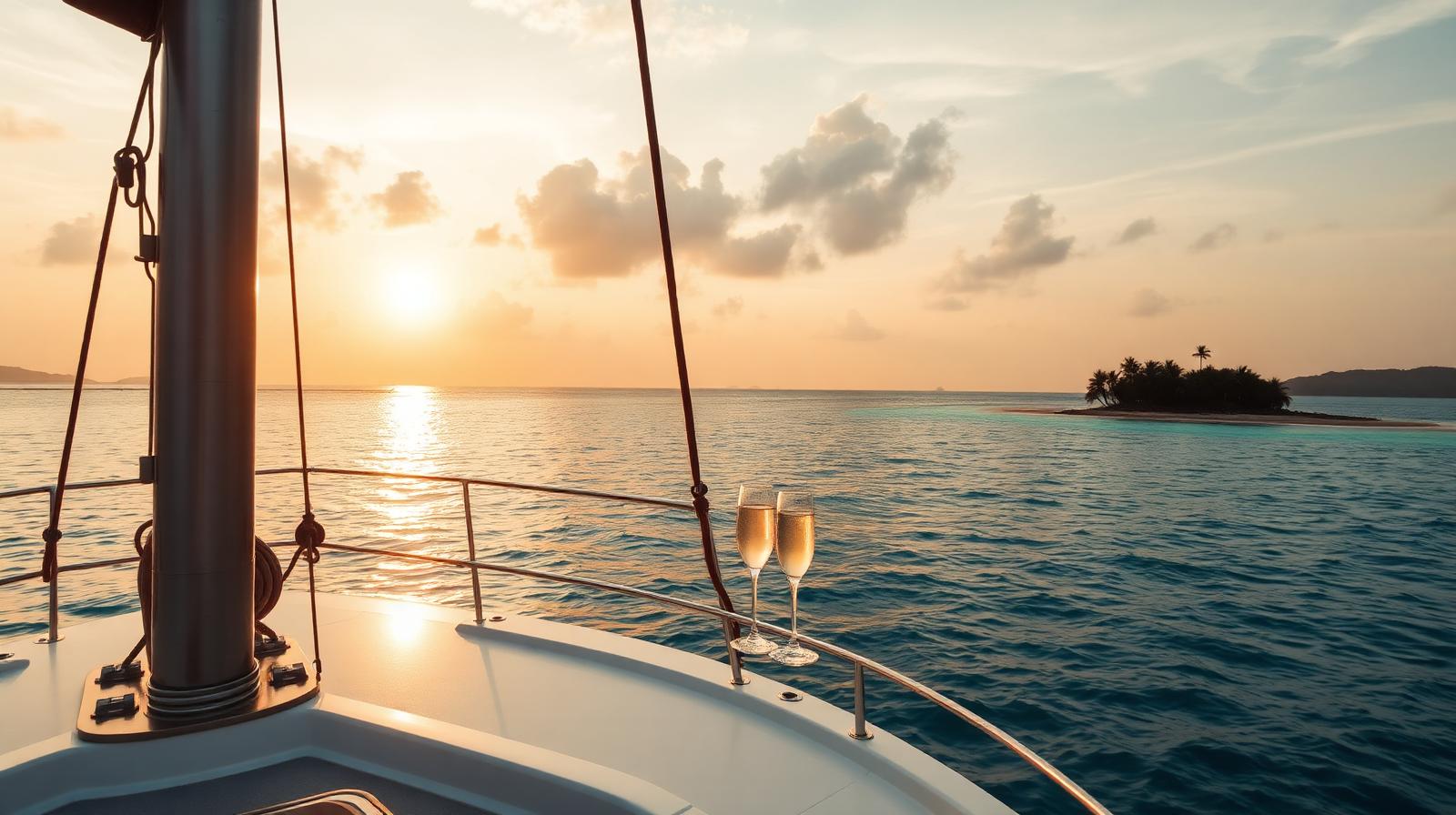 Honeymoon Yacht Charter Indonesia: A Private Villa at Sea Two champagne glasses on the bow of a luxury phinisi at sunset in a secluded Indonesian bay