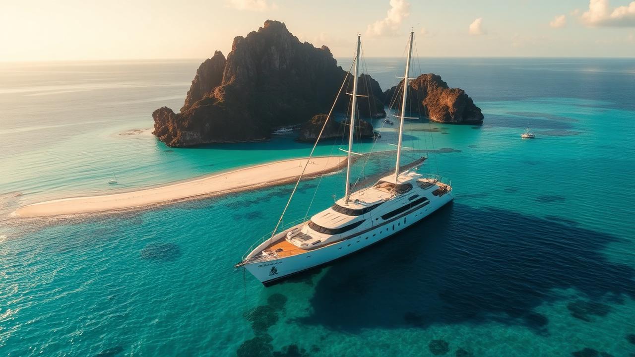 Luxury phinisi yacht anchored near Padar Island in Komodo National Park during July dry season