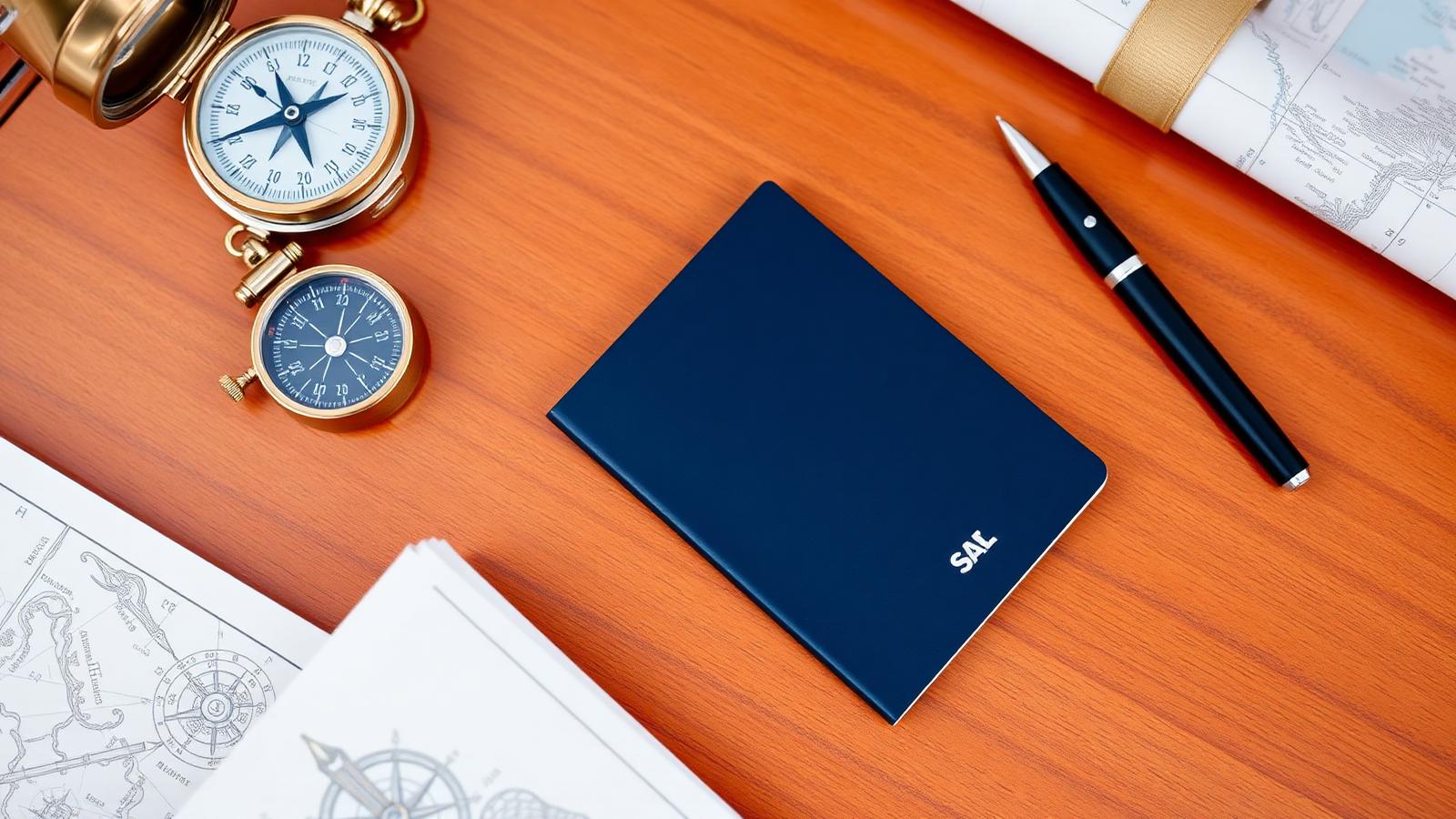 Travel passport, fountain pen, brass nautical compass and folded chart laid out on a teak yacht deck table