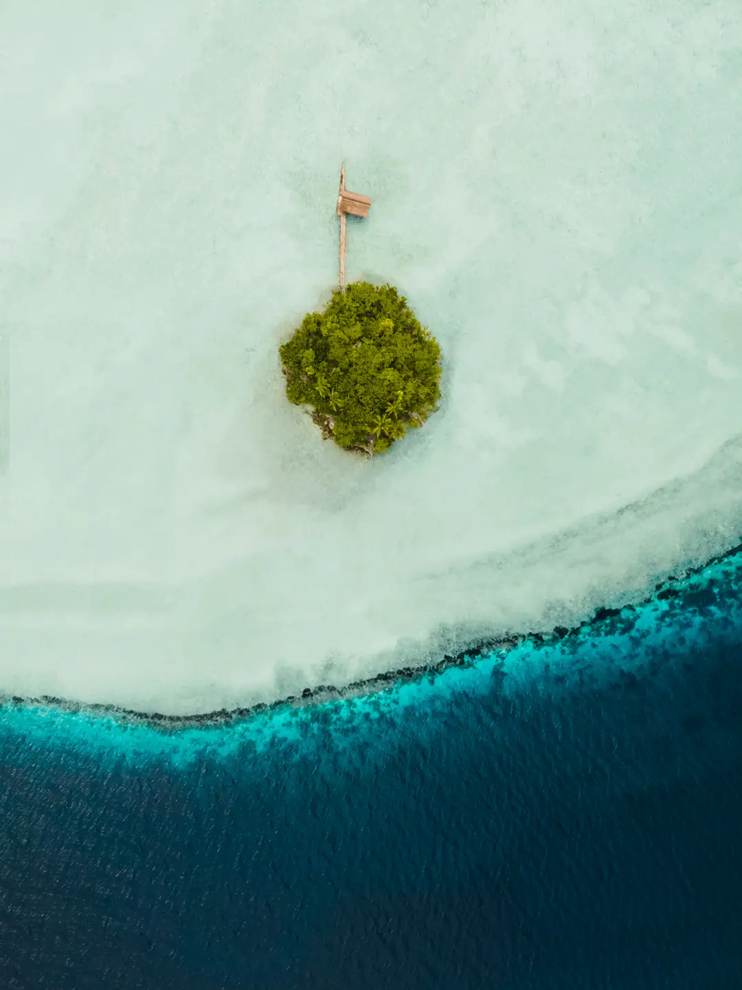 Tiny island with jetty on shallow reef Raja Ampat